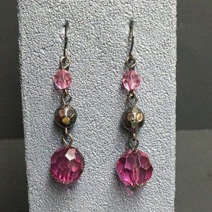 Drop Dangle Pierced Earrings Purple Faceted Gunmetal Silver Hook Retro BoHo